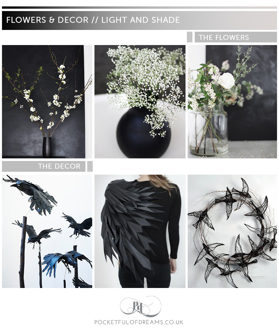 Halloween inspired 'dark and light' bridal moodboards. Designed by Pocketful of Dreams for Love My Dress.