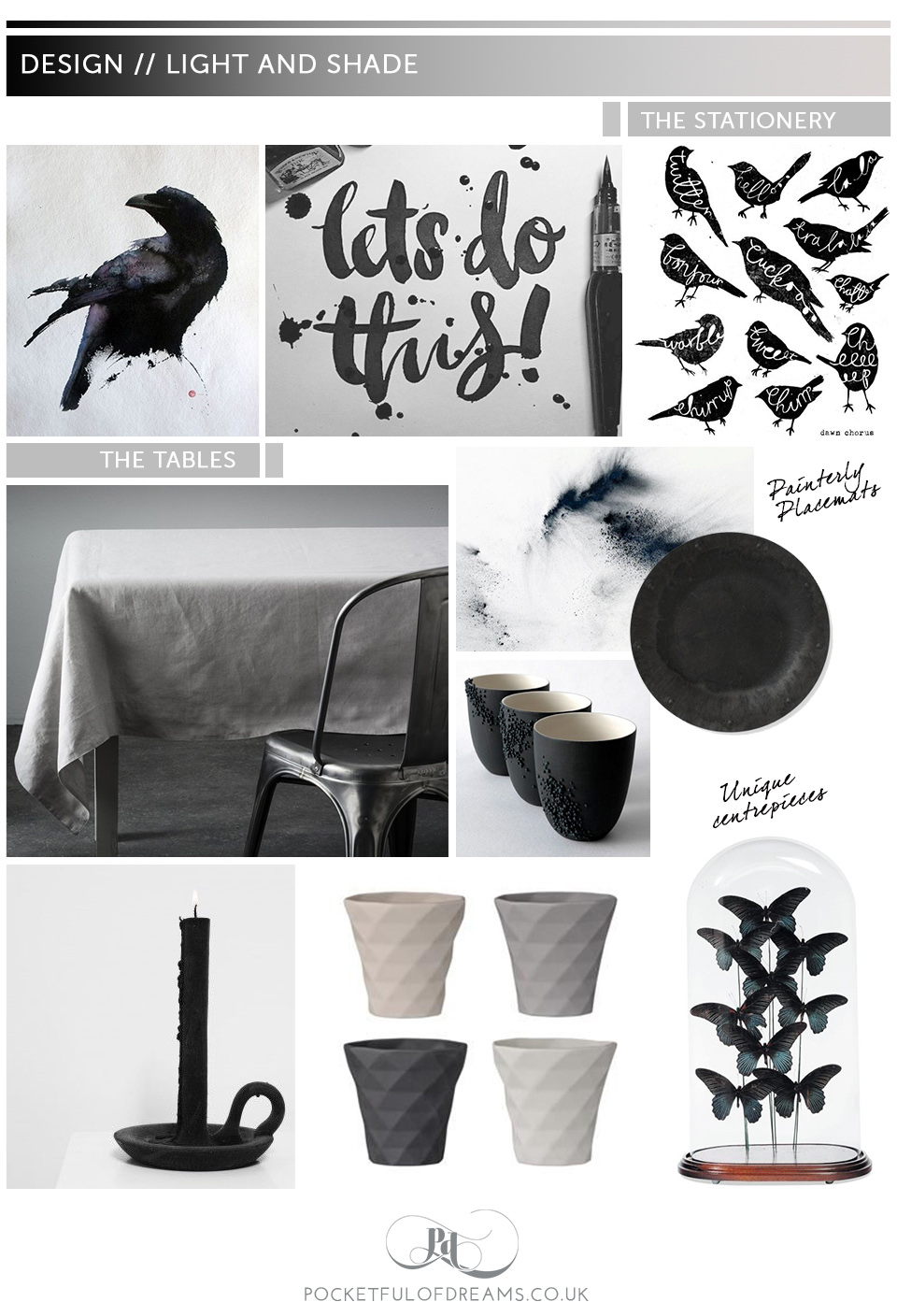 Halloween inspired 'dark and light' bridal moodboards. Designed by Pocketful of Dreams for Love My Dress.