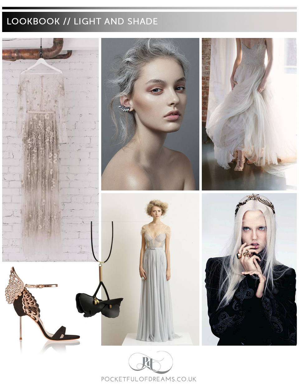 Halloween inspired 'dark and light' bridal moodboards. Designed by Pocketful of Dreams for Love My Dress.