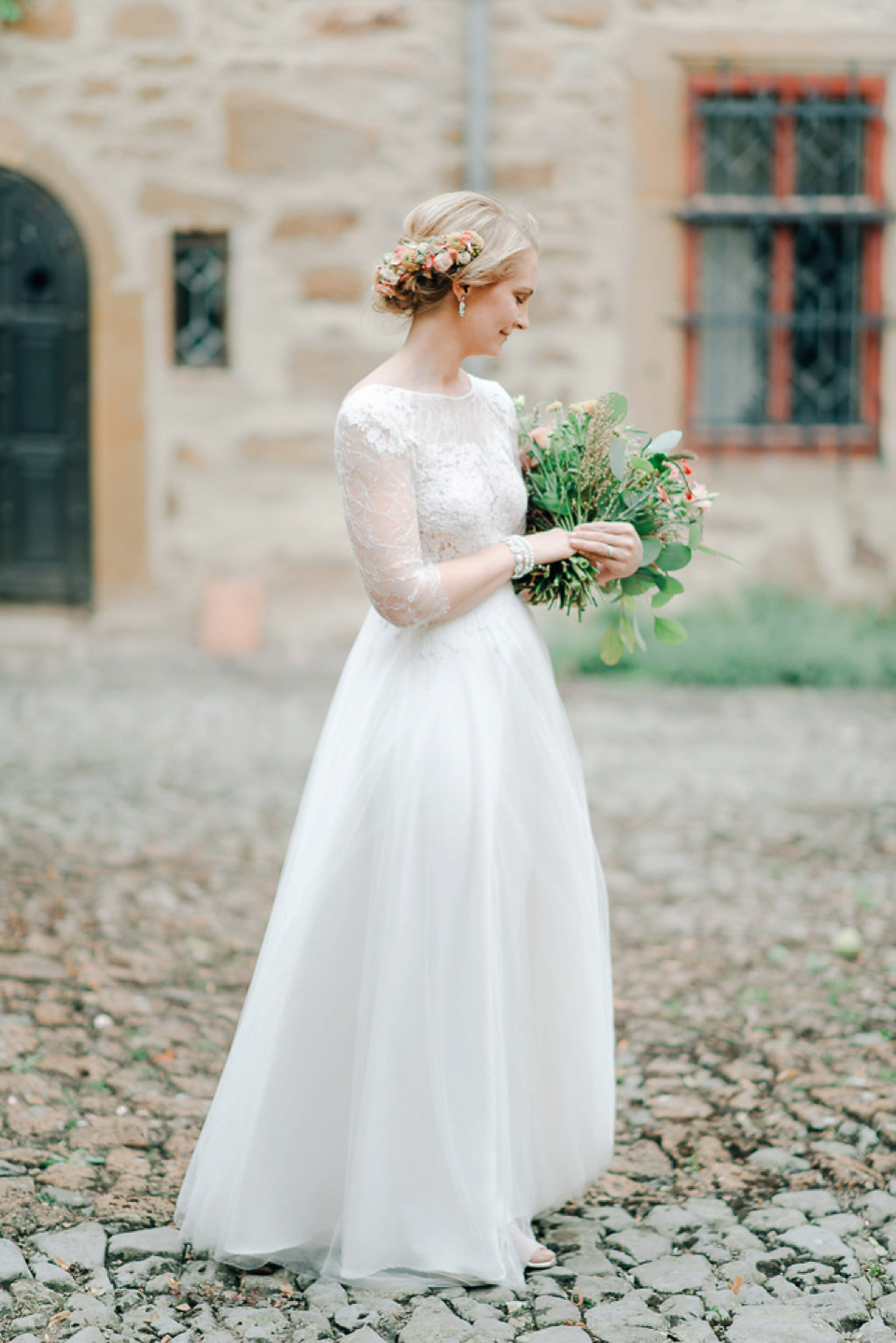 Anna Kara Lace and Peach Pretty For An Elegant Castle Wedding. Photography by Grace and Blush.