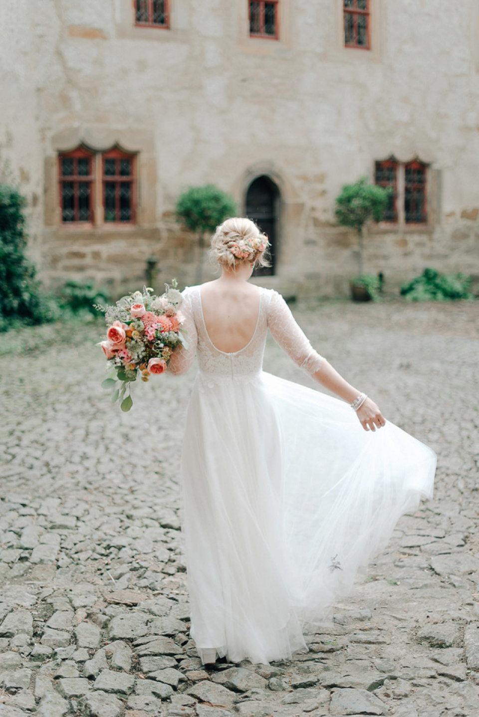 Anna Kara Lace and Peach Pretty For An Elegant Castle Wedding. Photography by Grace and Blush.