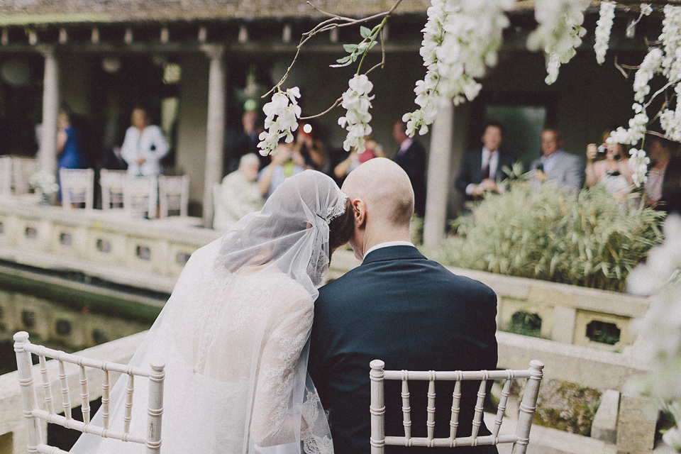 Pronovias Lace and a Juliet Cap Veil for a Japanese and 1930's Vintage Inspired Wedding. Scuffins Photography.