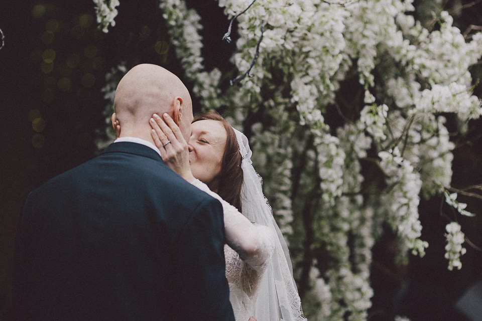 Pronovias Lace and a Juliet Cap Veil for a Japanese and 1930's Vintage Inspired Wedding. Scuffins Photography.