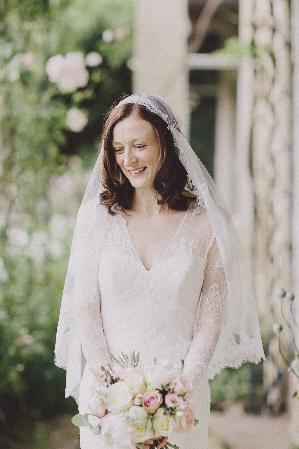 Pronovias Lace and a Juliet Cap Veil for a Japanese and 1930's Vintage Inspired Wedding. Scuffins Photography.
