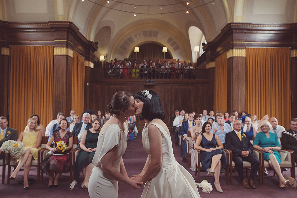 A 1930s Inspired Industrial Chic City Wedding with Two Beautiful  Dresses. Photography by Rebecca Douglas.