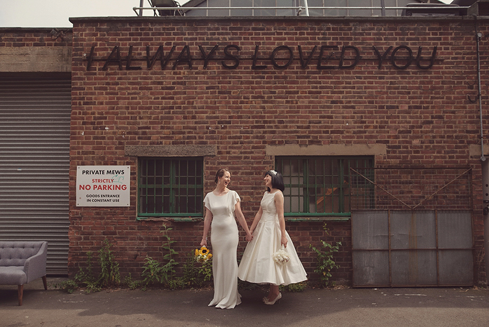 A 1930s Inspired Industrial Chic City Wedding with Two Beautiful  Dresses. Photography by Rebecca Douglas.