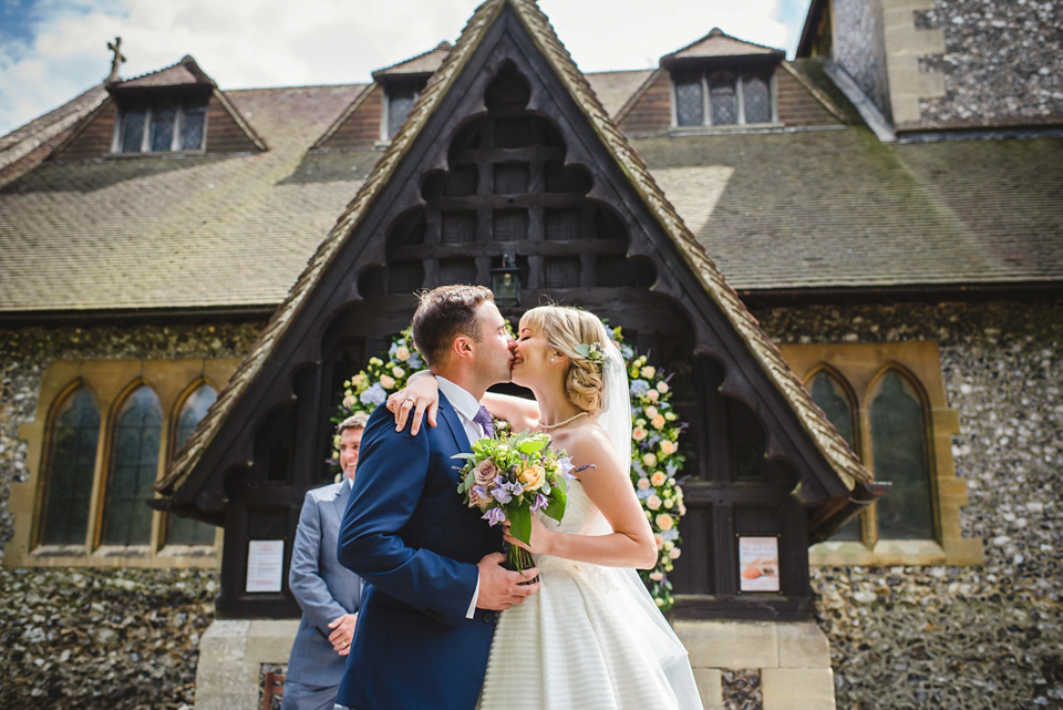 Green wedding shoes and a Jesus Peiro gown for this elegant wedding held at Fetcham Park in Surrey. Photography by Sophie Duckworth.