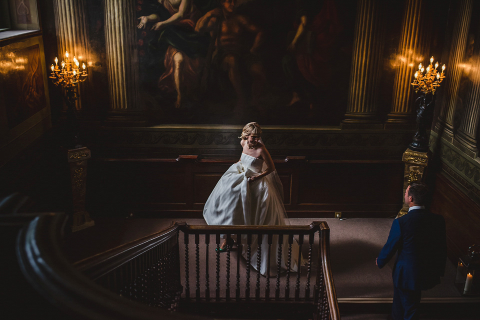 Green wedding shoes and a Jesus Peiro gown for this elegant wedding held at Fetcham Park in Surrey. Photography by Sophie Duckworth.