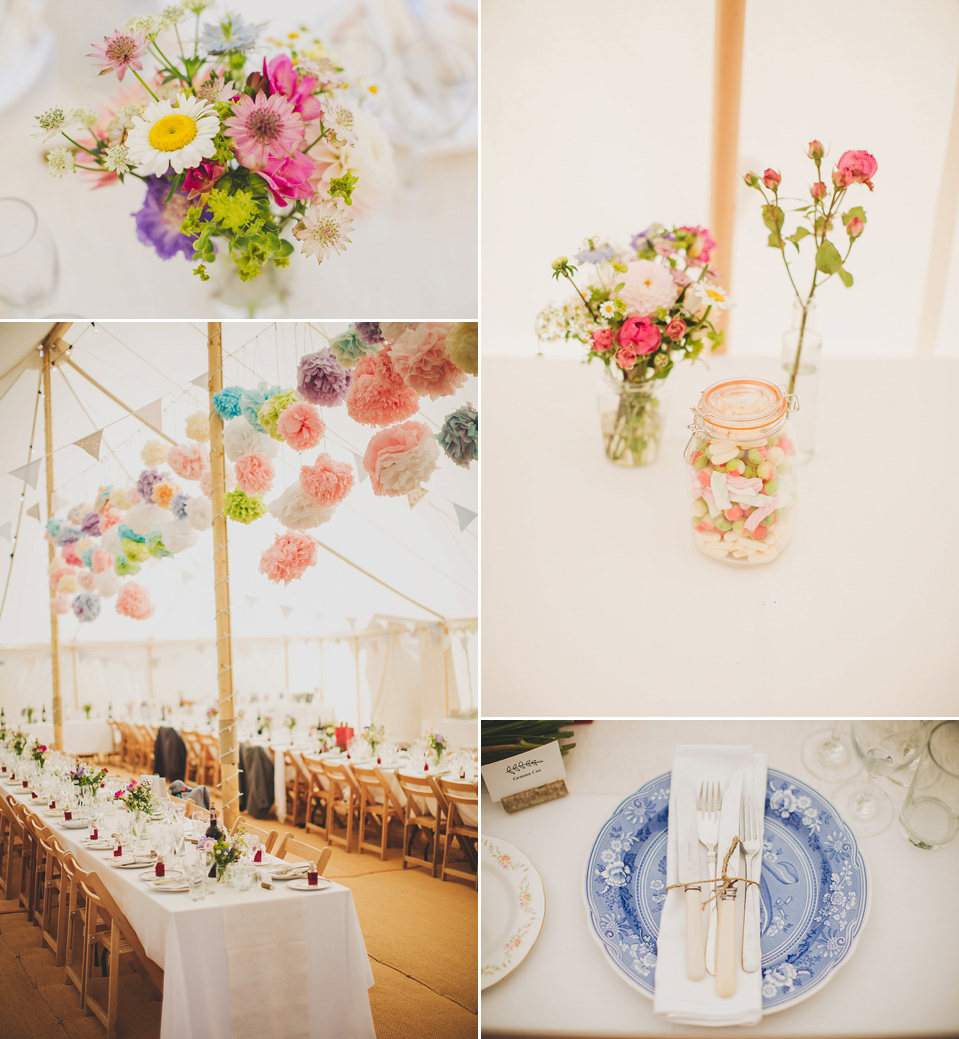 Wildflowers, a meadow, and and elegant Jesus Peiro gown for a handmade summer fete and festival inspired wedding. Photography by Simon Fazackarley.