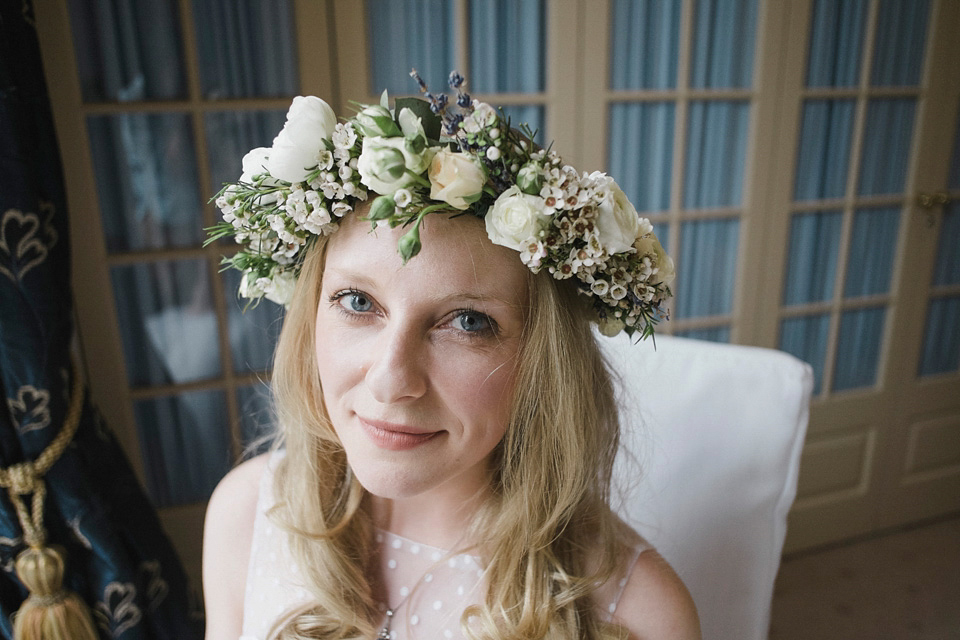 A 50's Inspired Polka Dot Gown and Sweet Floral Crown. This lovely wedding in Scotland was photographed by Mirrorbox.