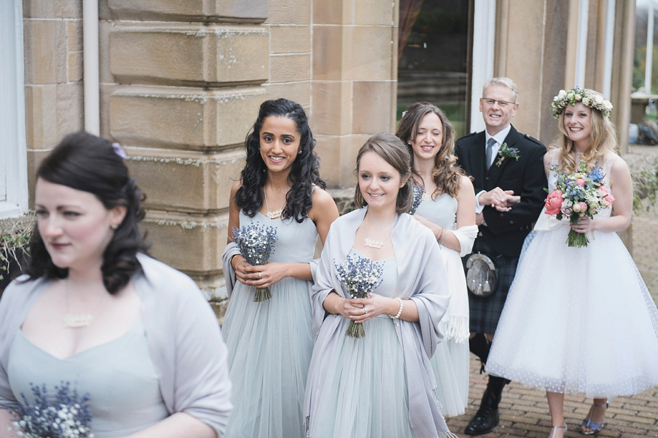 A 50's Inspired Polka Dot Gown and Sweet Floral Crown. This lovely wedding in Scotland was photographed by Mirrorbox.