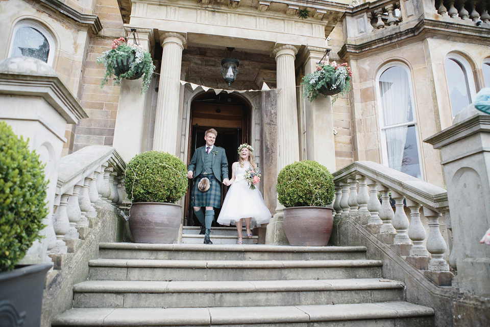 A 50's Inspired Polka Dot Gown and Sweet Floral Crown. This lovely wedding in Scotland was photographed by Mirrorbox.