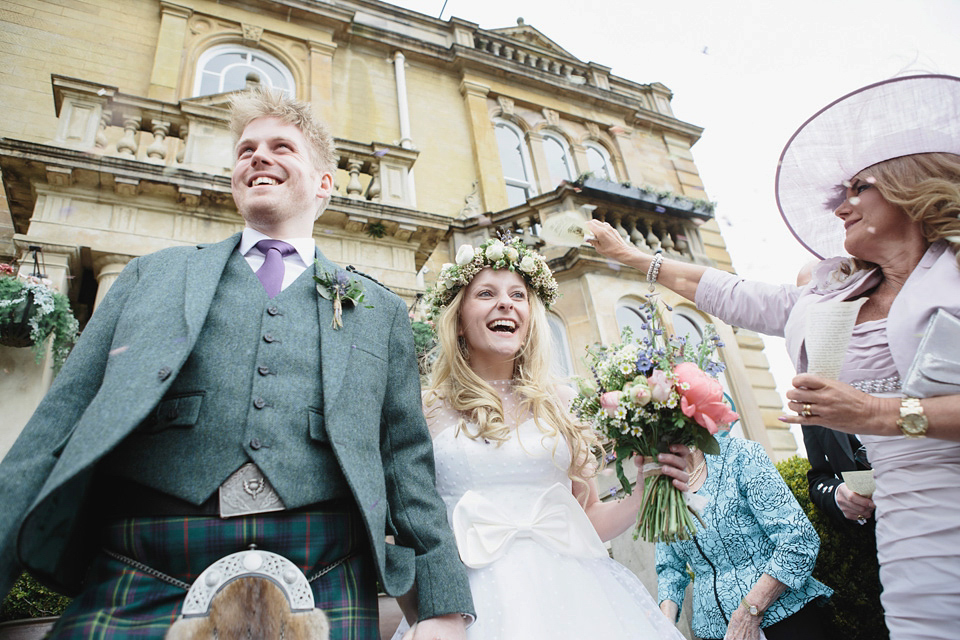 A 50's Inspired Polka Dot Gown and Sweet Floral Crown. This lovely wedding in Scotland was photographed by Mirrorbox.