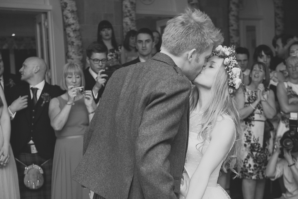 A 50's Inspired Polka Dot Gown and Sweet Floral Crown. This lovely wedding in Scotland was photographed by Mirrorbox.