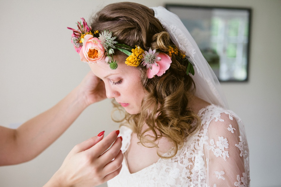 A laid back and colourful 1970's bohemian inspired wedding. Bride Helen wears a dress by Dana Bolton. Images by Horseshoe Photography.