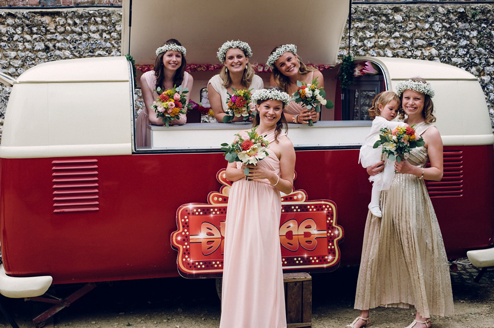 A laid back and colourful 1970's bohemian inspired wedding. Bride Helen wears a dress by Dana Bolton. Images by Horseshoe Photography.