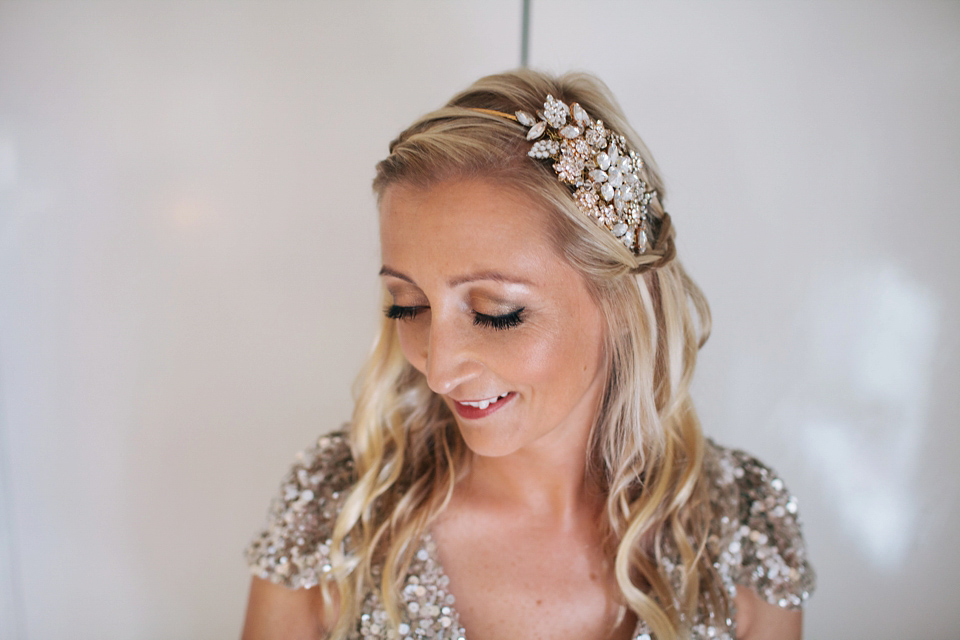 Sophie wears a gold, sequin Phase Eight gown for her wedding at The Norfolk Mead Hotel, an elegant Georgian boutique hotel in the heart of Norfolk. Photography by Joanna Millington.