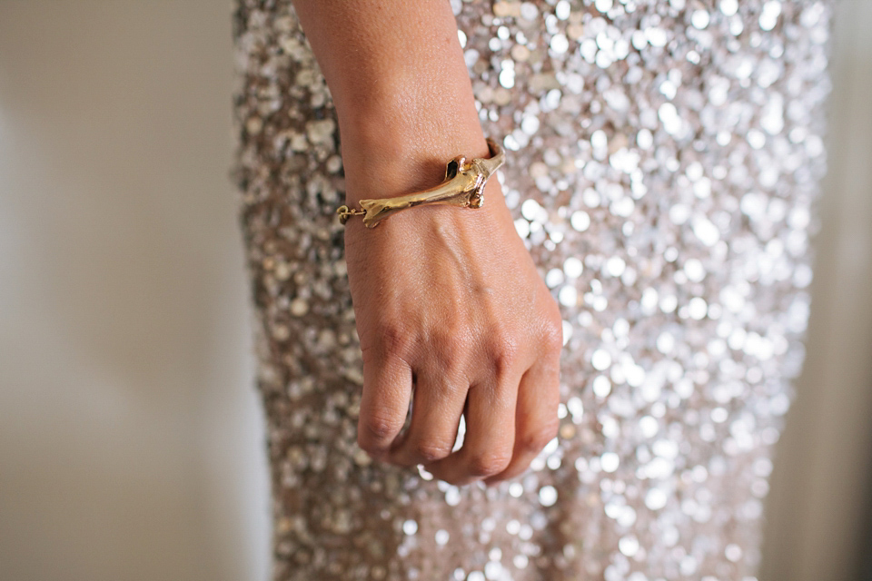 Sophie wears a gold, sequin Phase Eight gown for her wedding at The Norfolk Mead Hotel, an elegant Georgian boutique hotel in the heart of Norfolk. Photography by Joanna Millington.