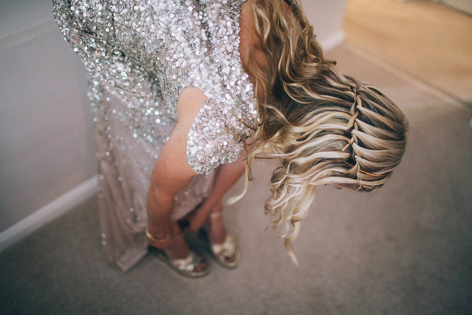 Sophie wears a gold, sequin Phase Eight gown for her wedding at The Norfolk Mead Hotel, an elegant Georgian boutique hotel in the heart of Norfolk. Photography by Joanna Millington.