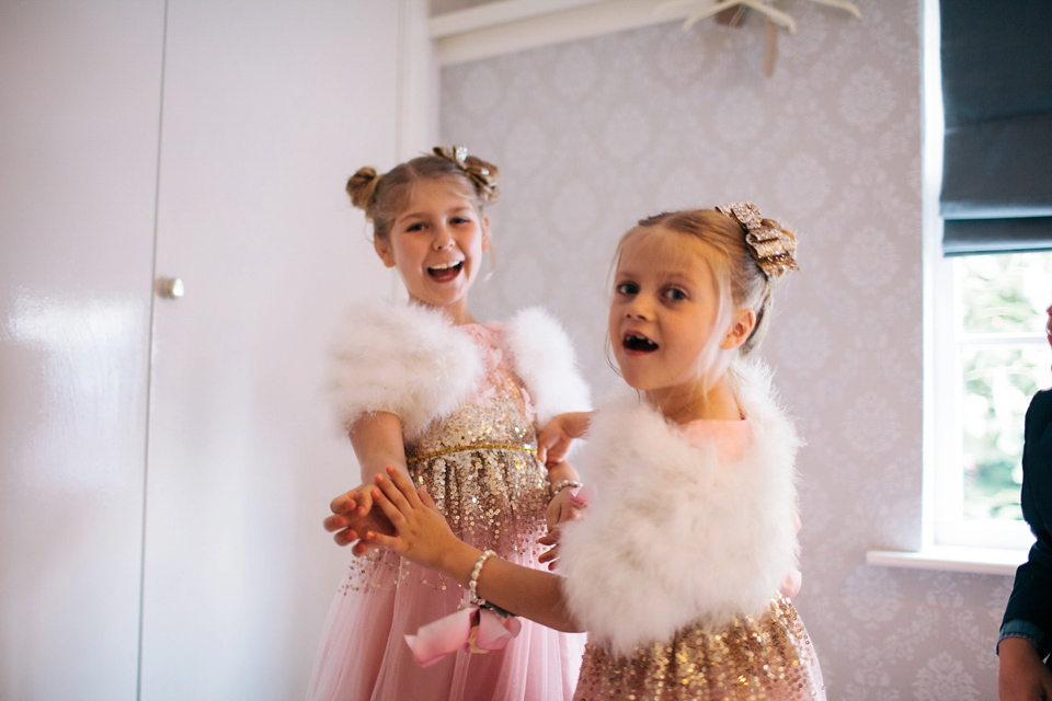 Sophie wears a gold, sequin Phase Eight gown for her wedding at The Norfolk Mead Hotel, an elegant Georgian boutique hotel in the heart of Norfolk. Photography by Joanna Millington.