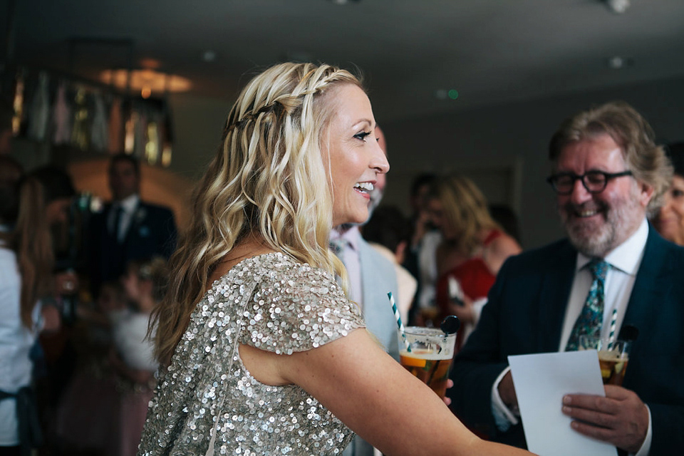 Sophie wears a gold, sequin Phase Eight gown for her wedding at The Norfolk Mead Hotel, an elegant Georgian boutique hotel in the heart of Norfolk. Photography by Joanna Millington.