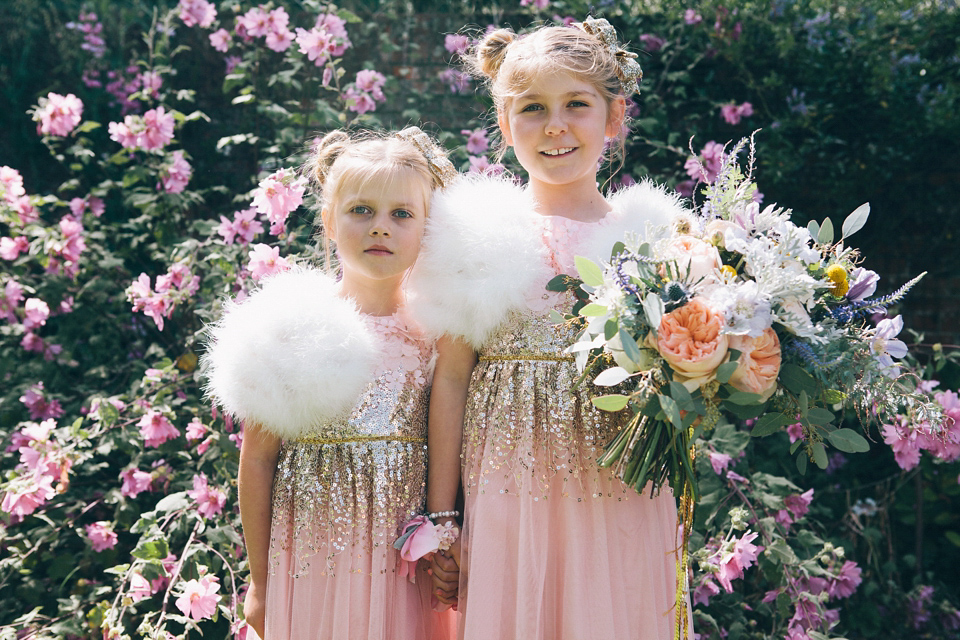 Sophie wears a gold, sequin Phase Eight gown for her wedding at The Norfolk Mead Hotel, an elegant Georgian boutique hotel in the heart of Norfolk. Photography by Joanna Millington.