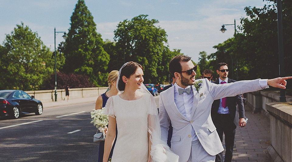 Bride Anna wore a Belle & Bunty gown that she purchased at Miss Bush Bridal of Surrey for her quirky London wedding. Photography by Howell Jones.