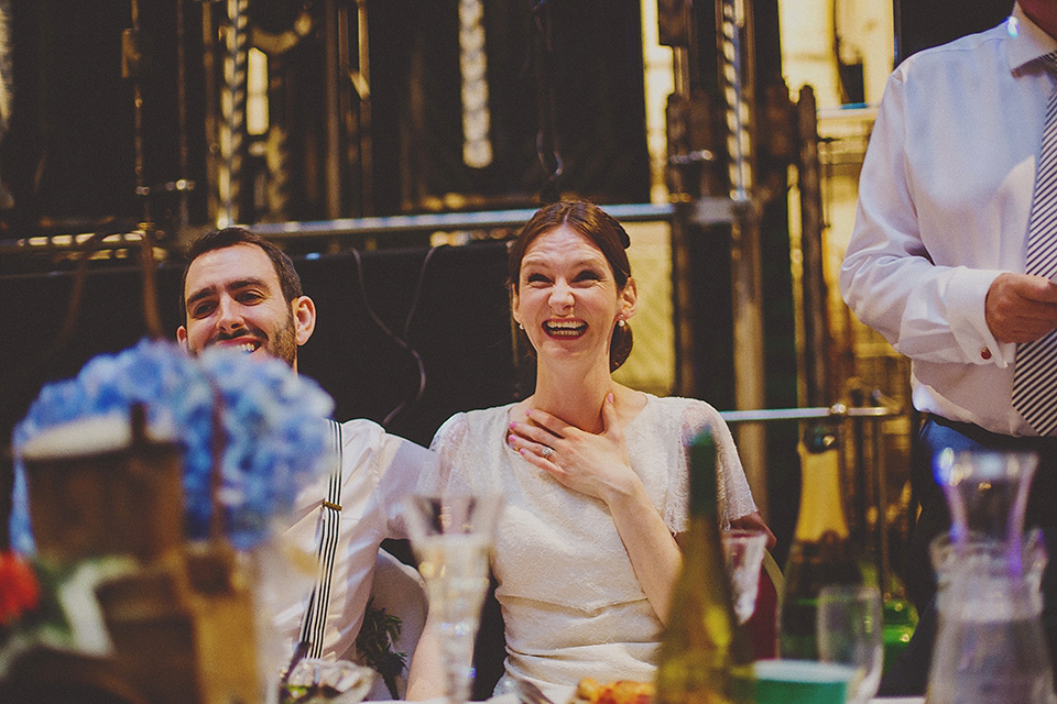 Bride Anna wore a Belle & Bunty gown that she purchased at Miss Bush Bridal of Surrey for her quirky London wedding. Photography by Howell Jones.