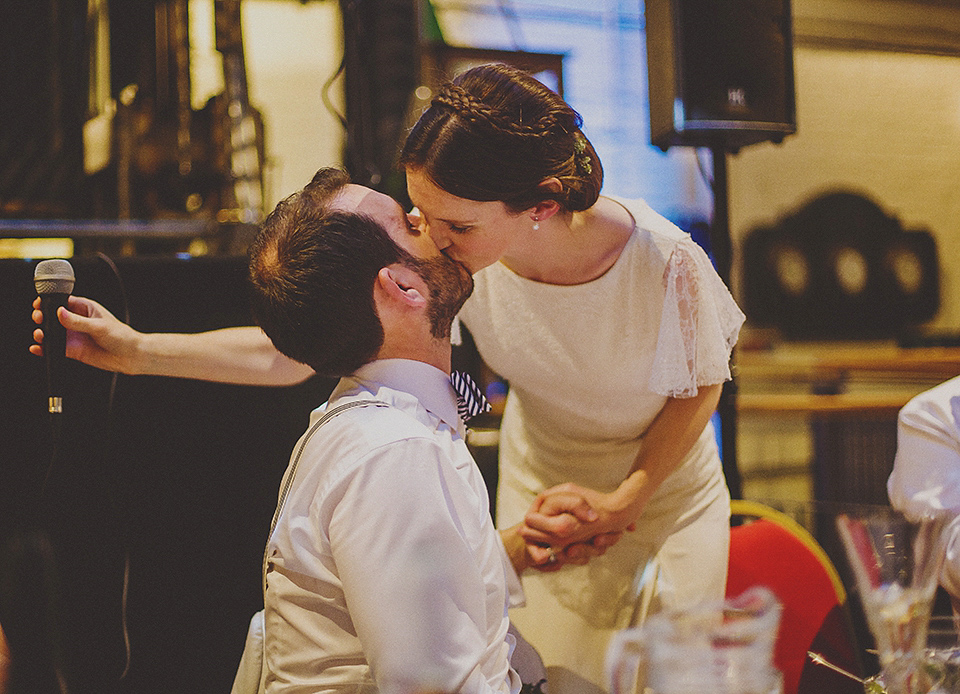 Bride Anna wore a Belle & Bunty gown that she purchased at Miss Bush Bridal of Surrey for her quirky London wedding. Photography by Howell Jones.