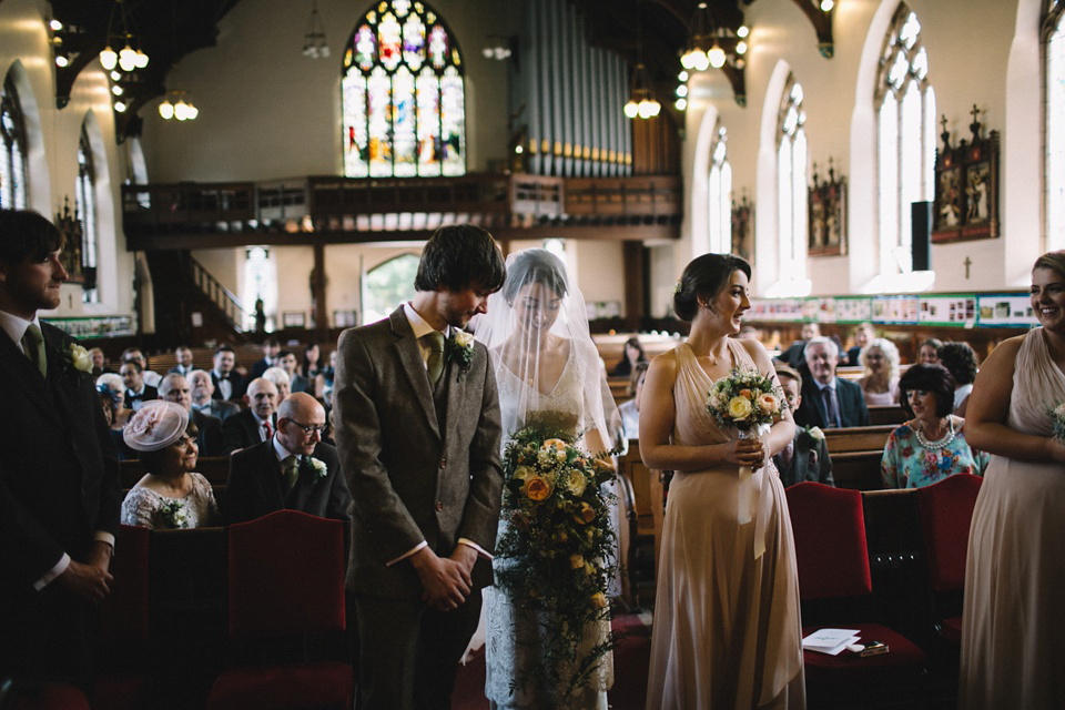 Bride Charlene wears a bespoke gown by Sheffield based designer, Kate Beaumont, for her wedding at Stockport Town Hall. Photography by DSB Creative.