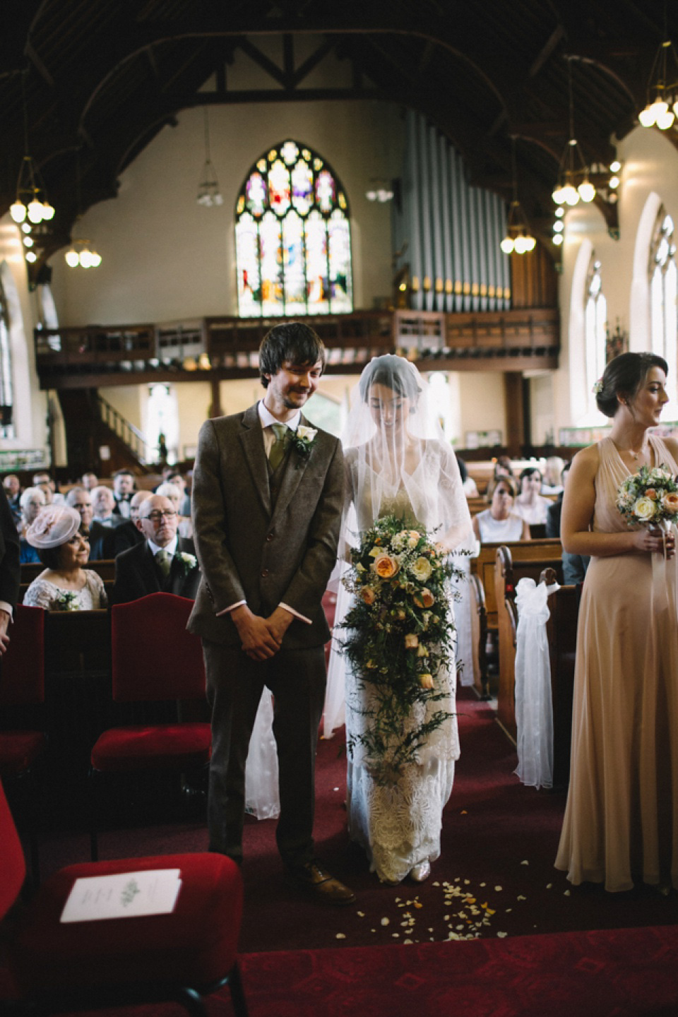 Bride Charlene wears a bespoke gown by Sheffield based designer, Kate Beaumont, for her wedding at Stockport Town Hall. Photography by DSB Creative.