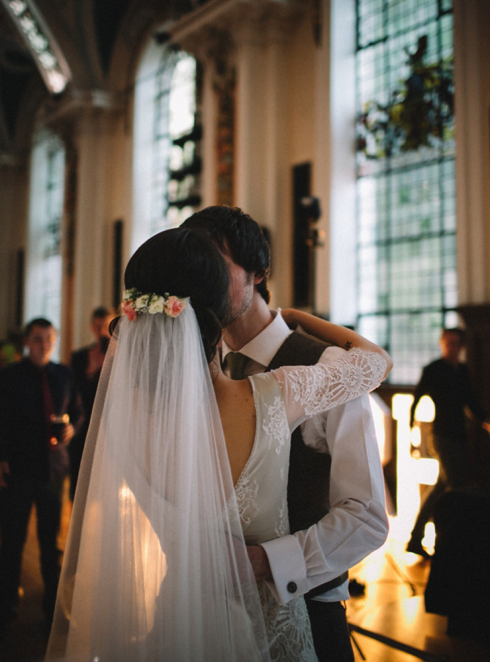 Bride Charlene wears a bespoke gown by Sheffield based designer, Kate Beaumont, for her wedding at Stockport Town Hall. Photography by DSB Creative.