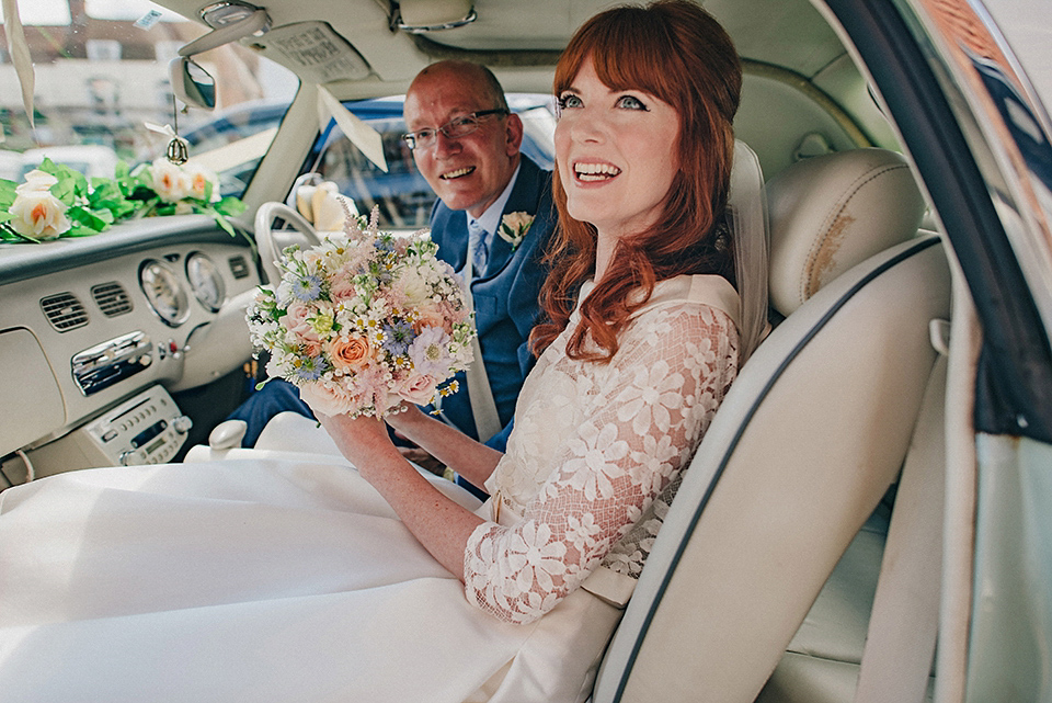 Bride Amy wears a replica 1960s wedding dress, designed by Fur Coat No Knickers of London, for her quirky and kitsch wedding. Photography by Jacqui McSweeney.