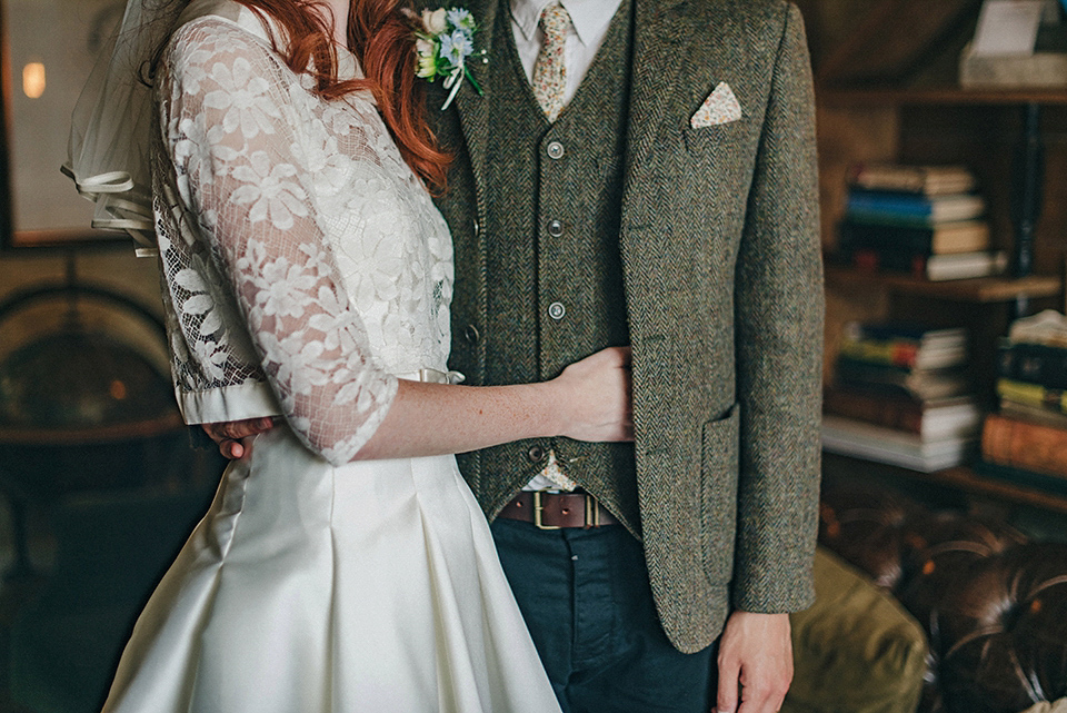 Bride Amy wears a replica 1960s wedding dress, designed by Fur Coat No Knickers of London, for her quirky and kitsch wedding. Photography by Jacqui McSweeney.