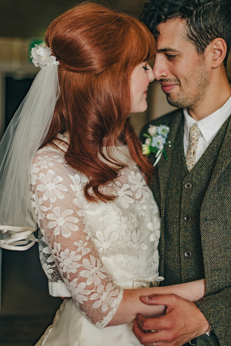 Bride Amy wears a replica 1960s wedding dress, designed by Fur Coat No Knickers of London, for her quirky and kitsch wedding. Photography by Jacqui McSweeney.