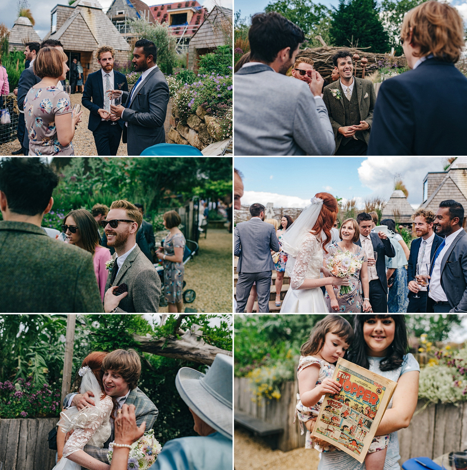 Bride Amy wears a replica 1960s wedding dress, designed by Fur Coat No Knickers of London, for her quirky and kitsch wedding. Photography by Jacqui McSweeney.