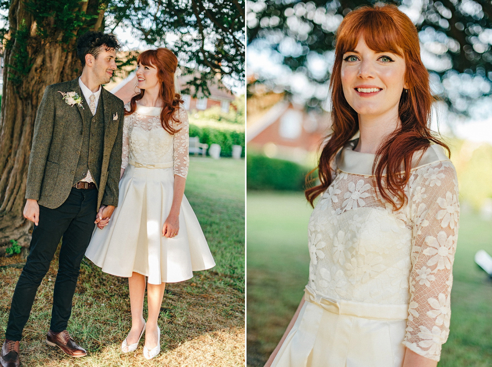 Bride Amy wears a replica 1960s wedding dress, designed by Fur Coat No Knickers of London, for her quirky and kitsch wedding. Photography by Jacqui McSweeney.