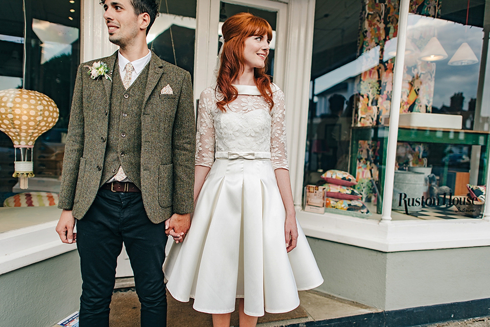 Bride Amy wears a replica 1960s wedding dress, designed by Fur Coat No Knickers of London, for her quirky and kitsch wedding. Photography by Jacqui McSweeney.