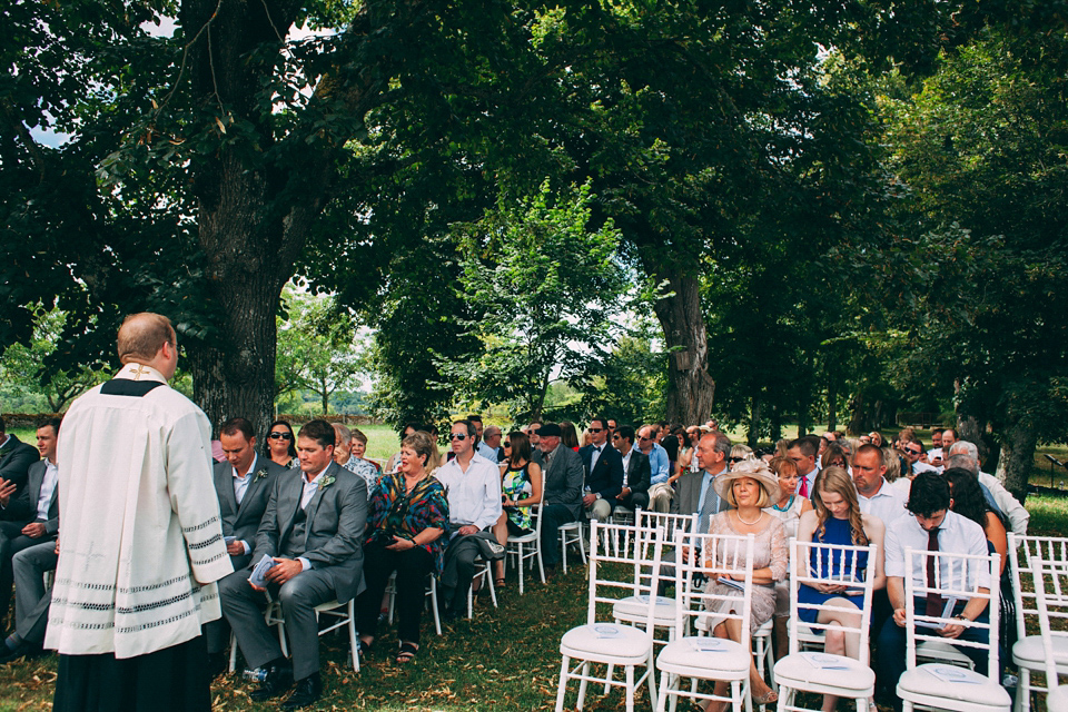 Bride Katie wears a David Fielden gown for her wedding in the Dordogne. Photography by Casey Avenue.