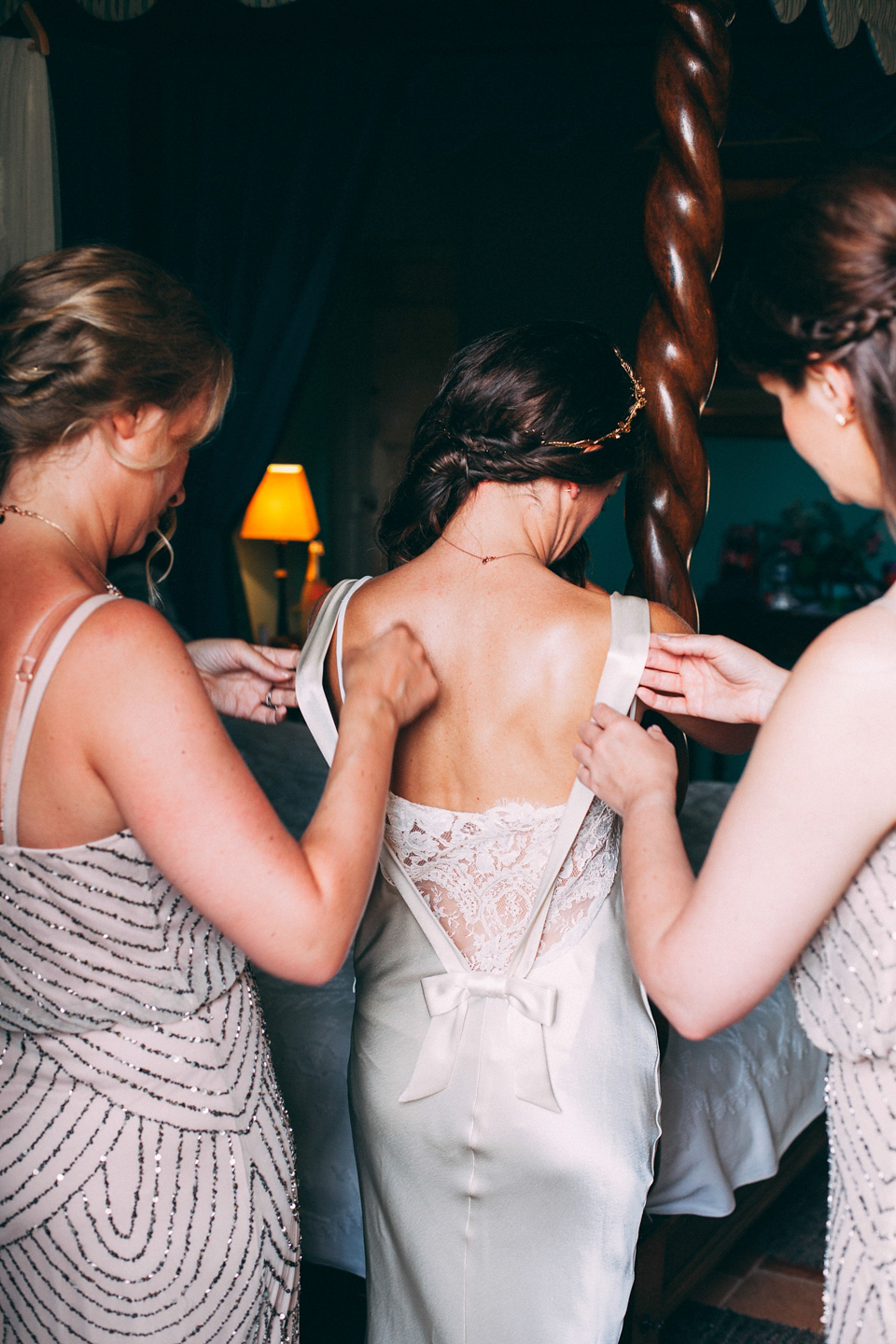 Bride Katie wears a David Fielden gown for her wedding in the Dordogne. Photography by Casey Avenue.