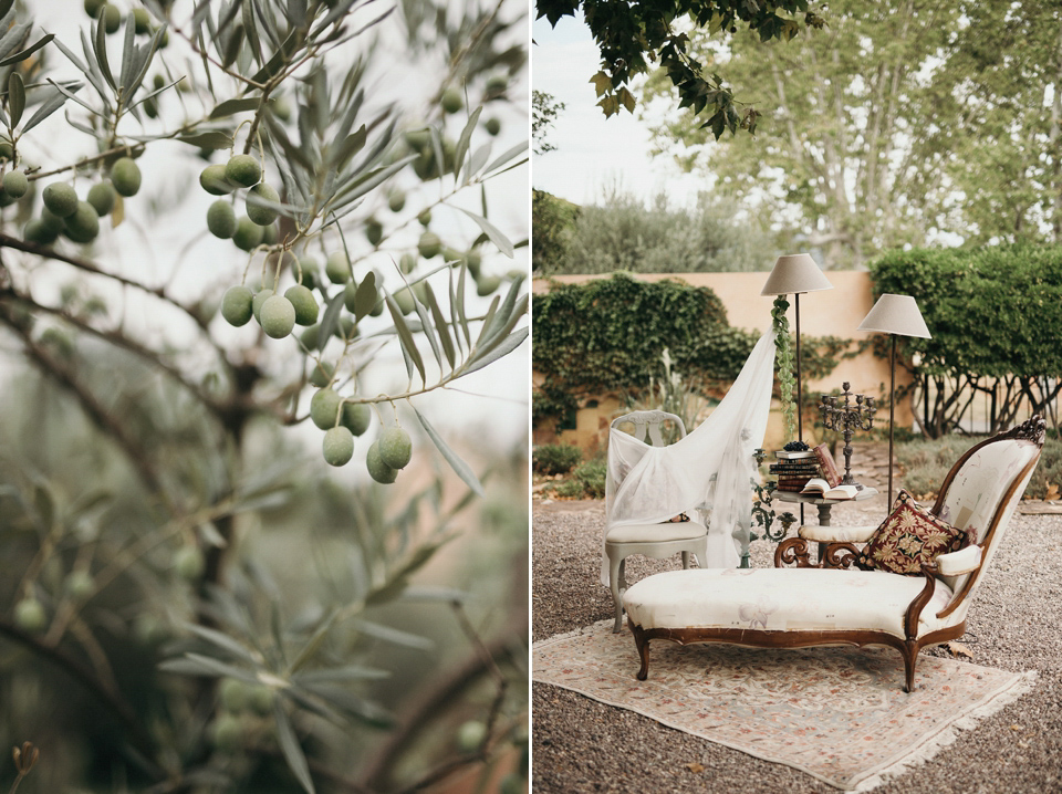 A first look and floral crown for an elegant and intimate chateau wedding in the South of France. Photography by Sabestien Boudot.