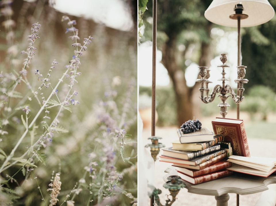 A first look and floral crown for an elegant and intimate chateau wedding in the South of France. Photography by Sabestien Boudot.