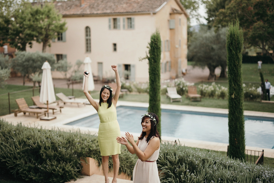 A first look and floral crown for an elegant and intimate chateau wedding in the South of France. Photography by Sabestien Boudot.