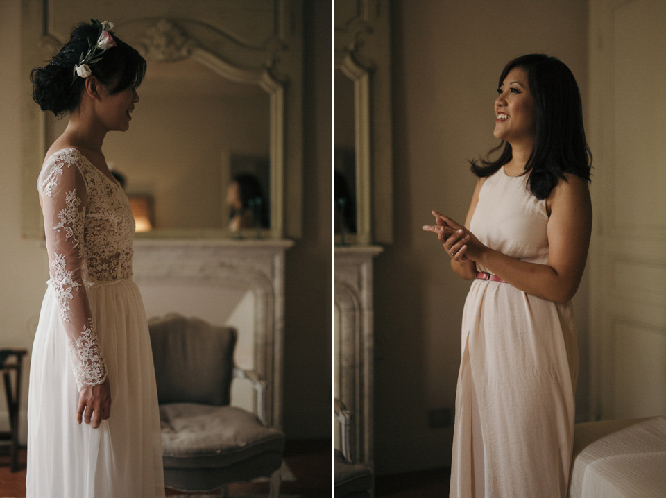 A first look and floral crown for an elegant and intimate chateau wedding in the South of France. Photography by Sabestien Boudot.