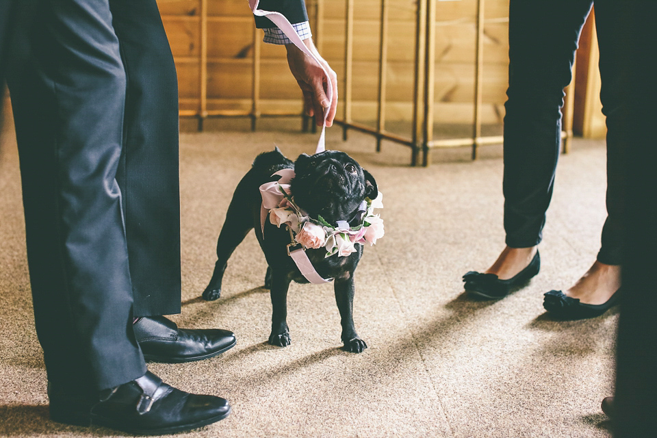 A Floral Gown and Pug Flowerdog for a Colourful and Vintage Inspired Black Tie Wedding, photography by Emma Boileau.