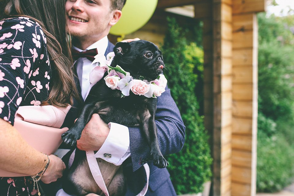 A Floral Gown and Pug Flowerdog for a Colourful and Vintage Inspired Black Tie Wedding, photography by Emma Boileau.