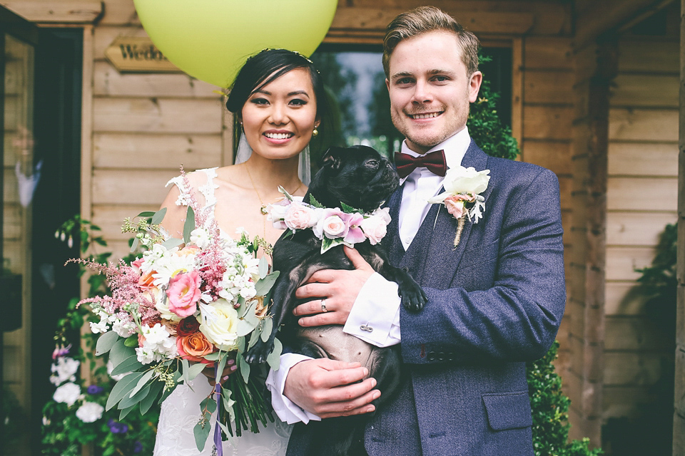 A Floral Gown and Pug Flowerdog for a Colourful and Vintage Inspired Black Tie Wedding, photography by Emma Boileau.