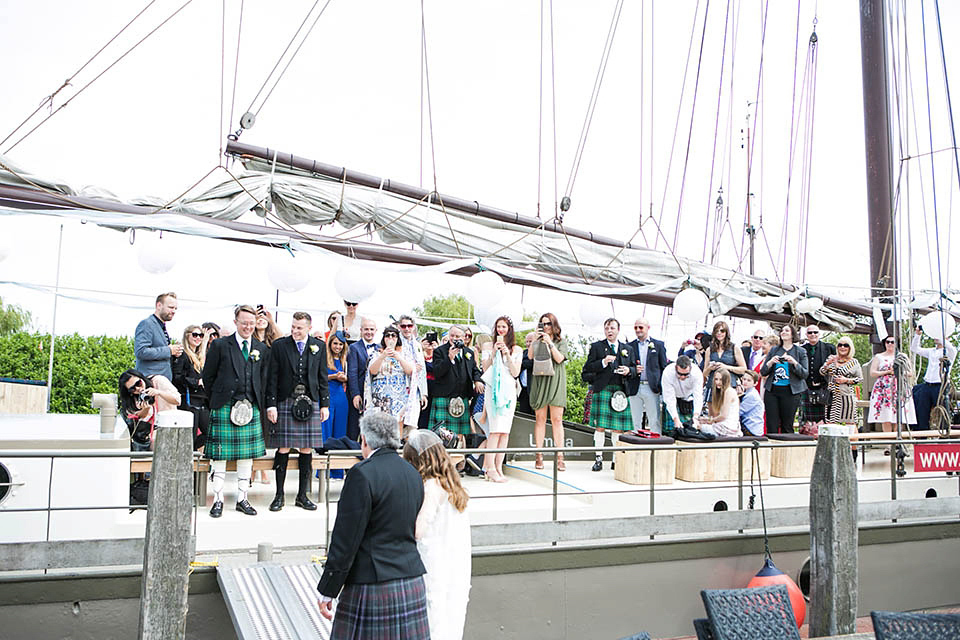 A Kaviar Gauche Butterfly Gown for a Boat Wedding in Amsterdam, photogrpahy by Taran Wilkhu.
