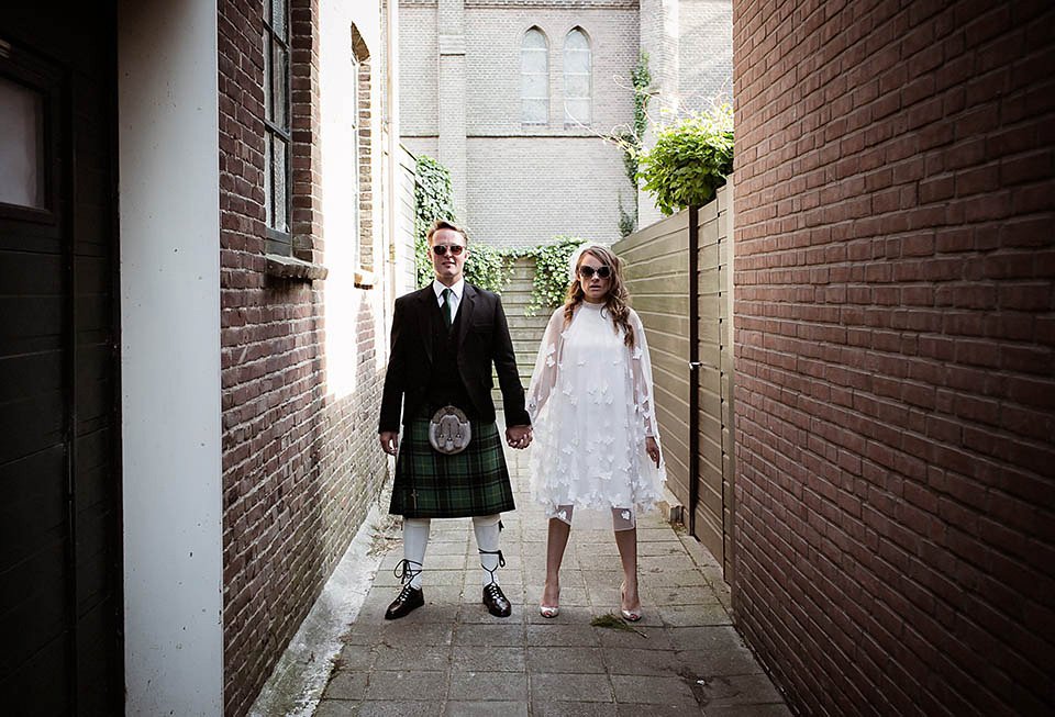 A Kaviar Gauche Butterfly Gown for a Boat Wedding in Amsterdam, photogrpahy by Taran Wilkhu.