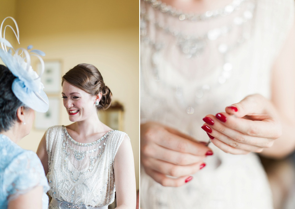 Bride Meg wears Eden by Jenny Packham for her 1920s and Great Gatsby inspired wedding at the Woodlands Hotel in Leeds. Photography by Cat Hepple.